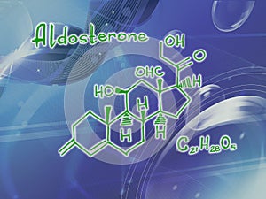 Chemical molecular formula of the hormone Aldosterone p . Infographics. Abstract bright glitter blue background