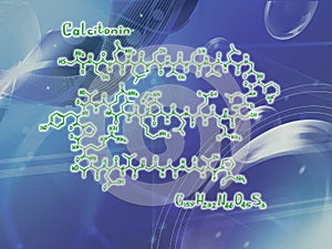 Chemical molecular formula of the hormone calcitonin U . Infographics. Abstract bright glitter blue background