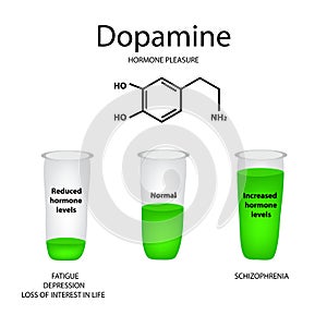 Chemical molecular formula hormone dopamine. The hormone pleasure. Lowering and raising of dopamine. Infographics Vector