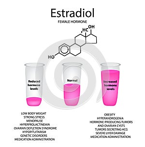 Chemical molecular formula of the hormone estradiol. Female sex hormone. Decrease and increase of estradiol. Infographics Vector