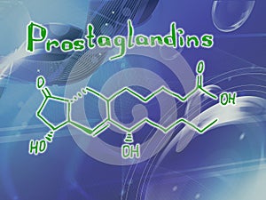 Chemical molecular formula of the hormone Prostaglandins Infographics. Abstract bright glitter blue background.