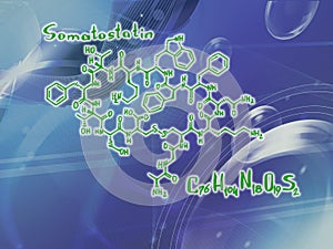 Chemical molecular formula of the hormone Somatostatin V . Infographics. Abstract bright glitter blue background