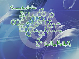 Chemical molecular formula of the hormone Somatostatin V . Infographics. Abstract bright glitter blue background photo