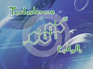 Chemical molecular formula of the hormone Testosterone O . Infographics. Abstract bright glitter blue background