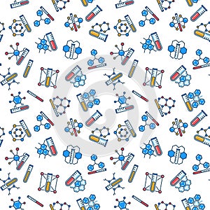 Chemical Molecules with Test Tubes Chemistry vector colored Seamless Pattern