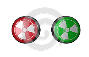 Chemical and Nuclear Weapons buttons, isolated white background. 3D work and 3D illustration