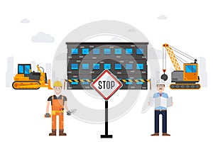 Chemical plant destruction tracked result vector illustration. Stop sign in front working object excavator near