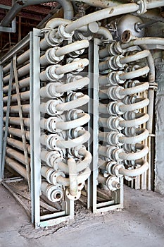 Chemical plant interior with equipment. Double Pipe Heat Exchanger or hairpin heat exchanger with longitudinal fins as