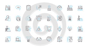 Chemical production linear icons set. Synthesis, Polymerization, Oxidation, Reduction, Distillation, Fermentation