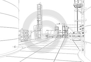 Chemical production, waste processing plant, contour visualization, 3D illustration, sketch, outline