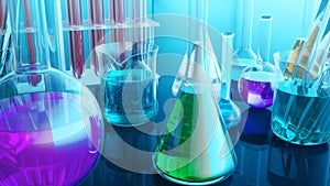 Chemical reaction, flasks with different laboratory glassware and liquid for analysis. Scientific laboratory on a blue