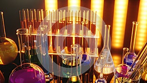 Chemical reaction, flasks with different laboratory glassware and liquid for analysis. Scientific laboratory on a yellow