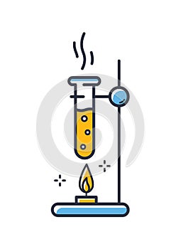 Chemical reaction icon. Flask, test tube is heated above the fire isolated on white background. Design elements, colored.