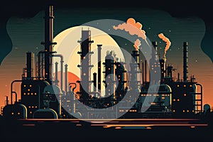 chemical refinery plant at dusk with glowing smokestacks and machinery