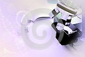 Chemical research background or texture - proofs and microscope in facility - colorful conceptual medical 3D illustration