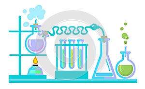 Chemical science lab equipment. Test tubes, flasks, spiritlam. Vectot.