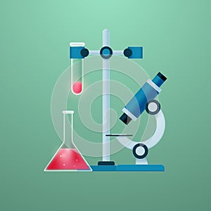 Chemical or science laboratory set. Microscope, flasks and stand.