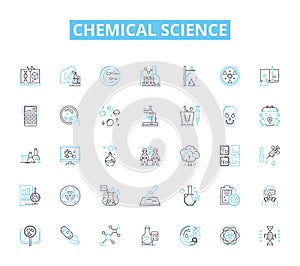 Chemical science linear icons set. Reactivity, Molecules, Elements, Compounds, Catalysts, Acids, Bases line vector and photo