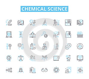 Chemical science linear icons set. Reactivity, Molecules, Elements, Compounds, Catalysts, Acids, Bases line vector and photo