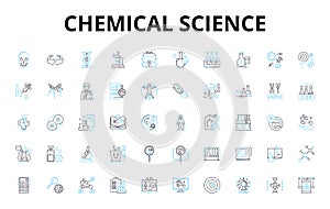 Chemical science linear icons set. Reactivity, Molecules, Elements, Compounds, Catalysts, Acids, Bases vector symbols photo