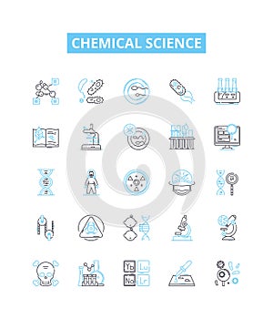 Chemical science vector line icons set. Chemistry, molecules, reactants, compounds, elements, atoms, formulas photo