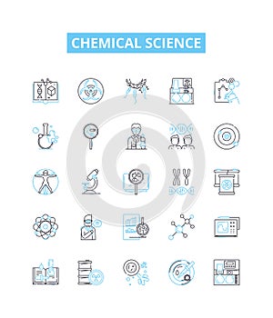 Chemical science vector line icons set. Chemistry, molecules, reactants, compounds, elements, atoms, formulas photo