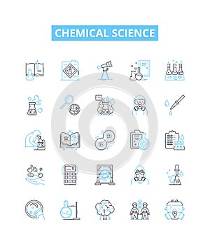 Chemical science vector line icons set. Chemistry, molecules, reactants, compounds, elements, atoms, formulas photo