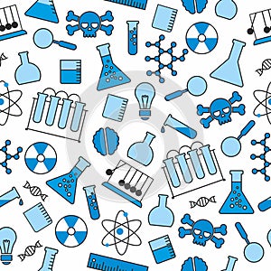 Chemical seamless pattern, chemical laboratory supplies seamless pattern, flask and test tube and beaker