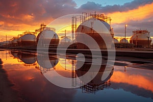 chemical storage tanks in an industrial facility at sunset
