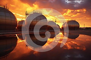 chemical storage tanks in an industrial facility at sunset