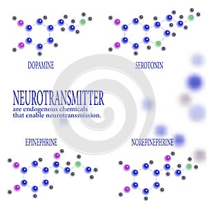 Chemical structural formula of neurotransmitters. Epinephrine, norepinephrine, serotonin, dopamine, in the blurry