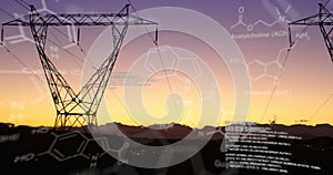Chemical structures with program codes and a background of transmission towers