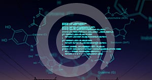 Chemical structures with program codes and a background of transmission towers