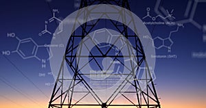 Chemical structures with program codes and a background of transmission towers