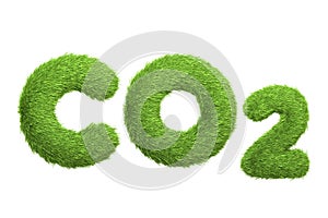 The chemical symbol CO2 depicted with a green grass texture isolated on white