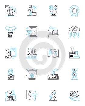 Chemical synthesis linear icons set. Reaction, Compound, Mixture, Catalyst, Solvent, Precursor, Pathway line vector and