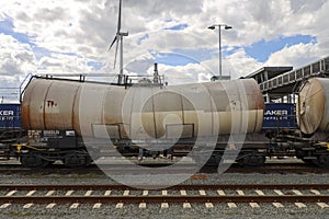 Chemical tank wagons for cargo trains stored at train station Lage Zwaluwe