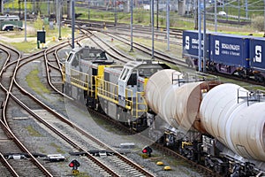 Chemical tank wagons for cargo trains stored at train station Lage Zwaluwe