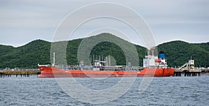 Chemical tanker ship is berthing at shore