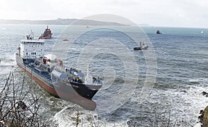 The chemical tanker vessel Blue Star is seen stranded off the coast of Ares