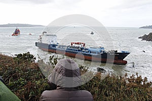 The chemical tanker vessel Blue Star is seen stranded off the coast of Ares