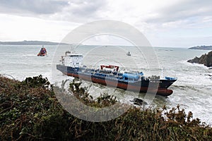 The chemical tanker vessel Blue Star is seen stranded off the coast of Ares