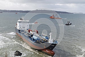 The chemical tanker vessel Blue Star is seen stranded off the coast of Ares