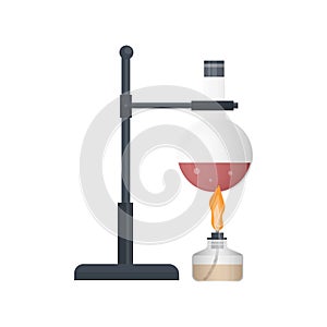 Chemical test. The burner heats the reagents in the flask, vector illustration