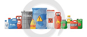 Chemical toxic hazards. Radioactive substance. Flammable and explosive oil. Waste container. Gas cask. Plastic bottle