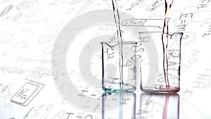 Chemicals falling in the beakers against chemical structure and formulas on white background