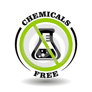 Chemicals free vector stamp for product packaging symbol. Round prohibited sign with chemical flask icon isolated on white