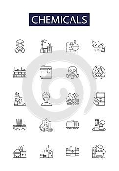 Chemicals line vector icons and signs. Solvents, Compounds, Compounds, Reagents, Gases, Halides, Metals, Oxides outline