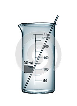 Chemiscal beaker with a glass rod, isolated on white background