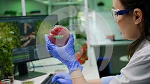 Chemist analyzing plant based beef substitute for vegetarien people